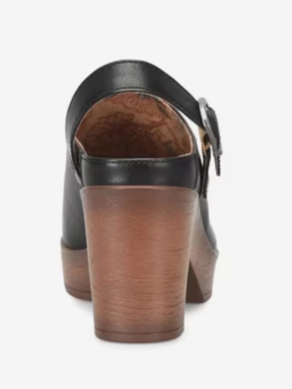 boc Black Leather Clogs with Brown Wood-Look Heel and Buckle - Picture 5 of 14